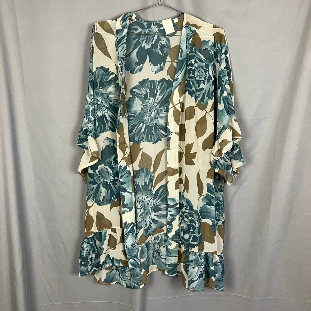 E by Eloise Kimono Womens XS/S Blue Floral Sheer Robe Flowly Ruffle Tiered Hem
